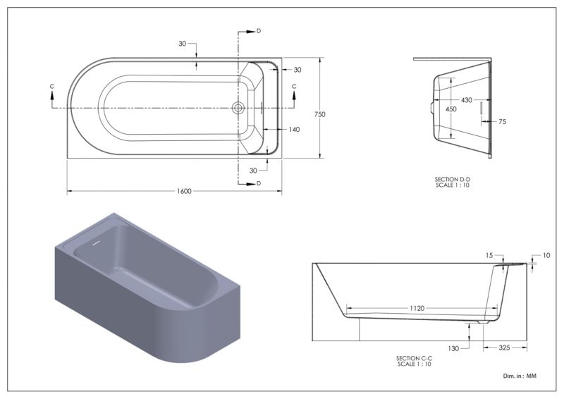 GoodHome Oguta akrylbadekar 160 x 75 cm venstre hvid