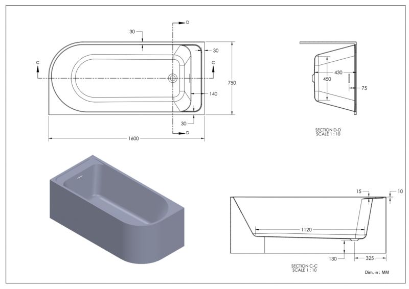 GoodHome Oguta akrylbadekar 160 x 75 cm venstre mat-sort