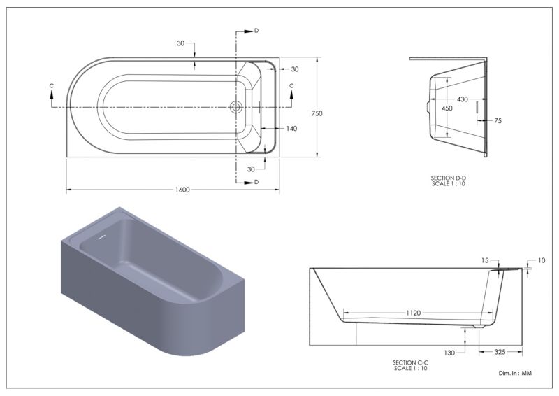 GoodHome Oguta akrylbadekar 160 x 75 cm venstre grå