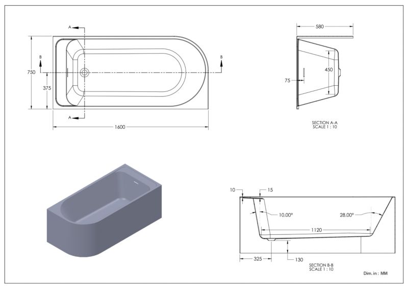 GoodHome Oguta akrylbadekar 160 x 75 cm højre grå