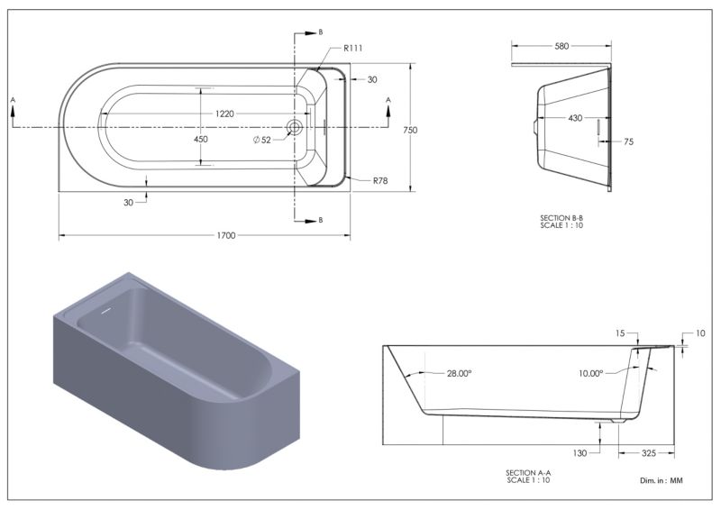 GoodHome Oguta akrylbadekar 170 x 75 cm venstre mat-sort