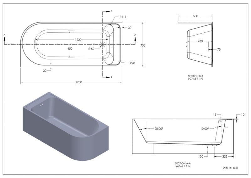 GoodHome Oguta akrylbadekar 170 x 75 cm venstre grå