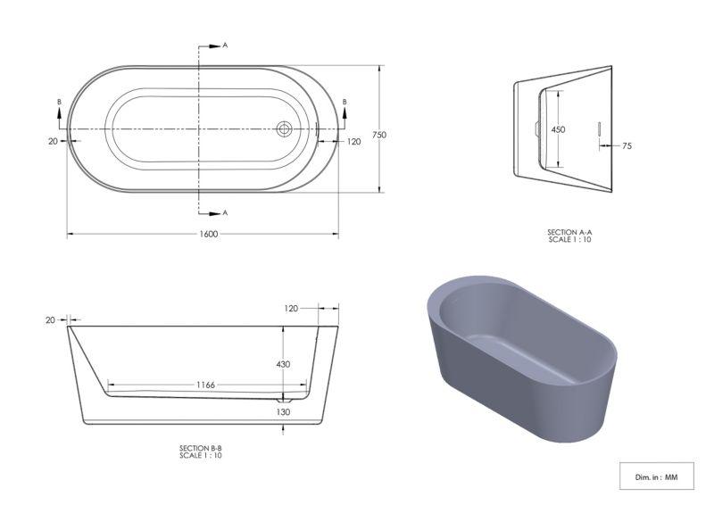 Fritstående akrylbadekar GoodHome Huron 160 x 75 cm oval grå/hvid