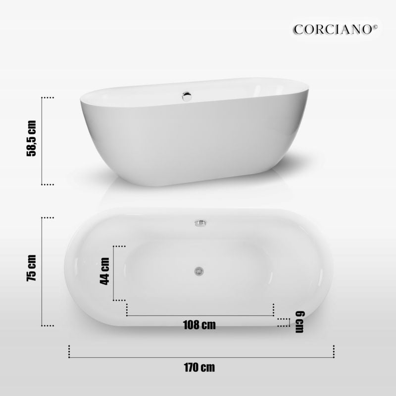 Fritstående badekar Corciano Bari 170 x 75 cm hvid oval akryl 1 stk.