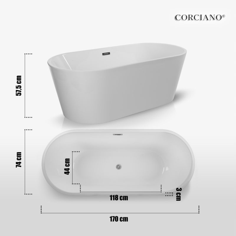 Fritstående Corciano Jupiter badekar 170x74 cm med sølvdetaljer, 1 stk.