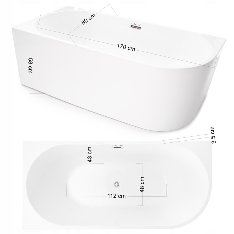 Fritstående badekar Corciano Pula venstre 170x80 cm med sølvdetaljer 1 stk.