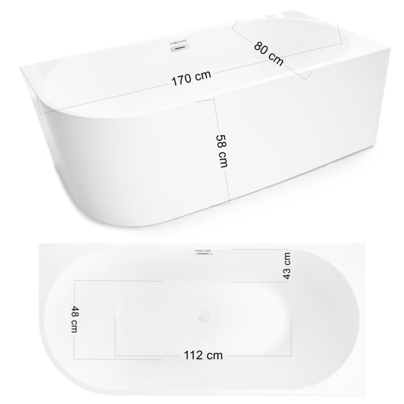 Fritstående badekar Corciano Pula højre 170x80 cm med hvide detaljer 1 stk.