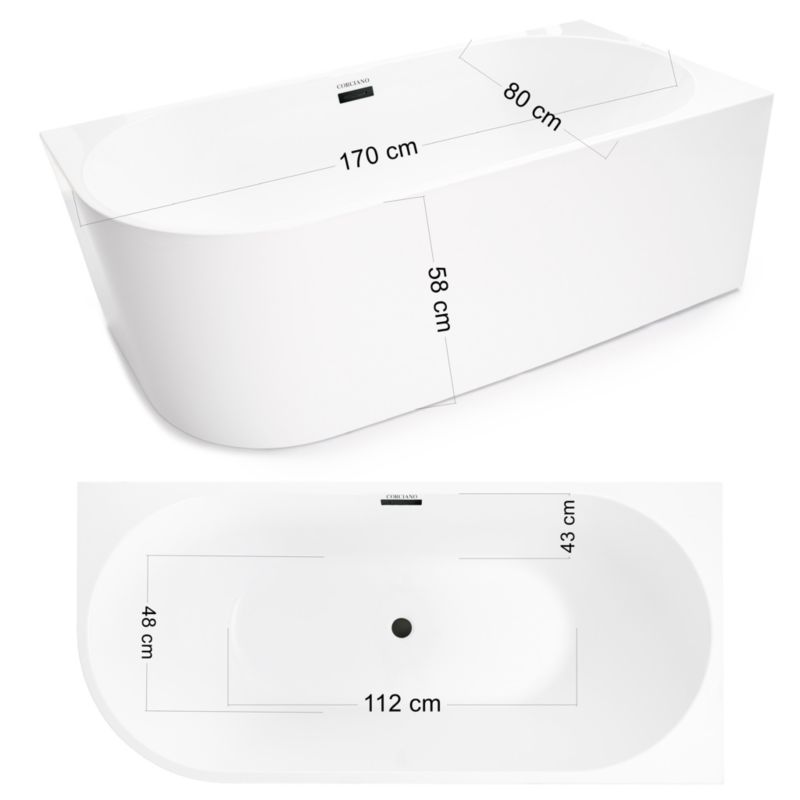Fritstående badekar Corciano Pula Højre 170x80 cm med sorte detaljer 1 stk.