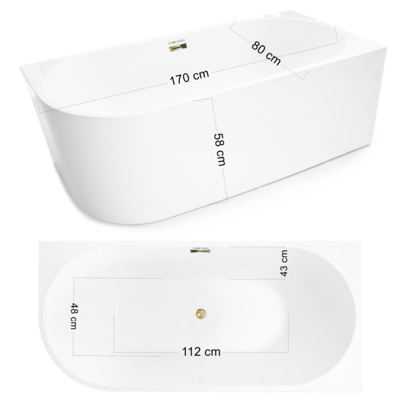 Fritstående badekar Corciano Pula højre 170x80 cm med gulddetaljer 1 stk.
