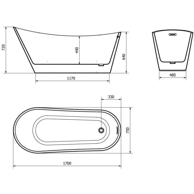 Fritstående badekar Mexen Alta 170 x 75 cm hvid/sort med gun gray børstet overløb, 1 stk.