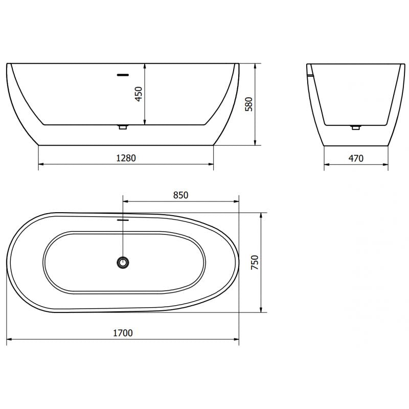 Fritstående badekar Mexen Eos 170 x 75 cm hvid med overløb i gun metal, 1 stk.