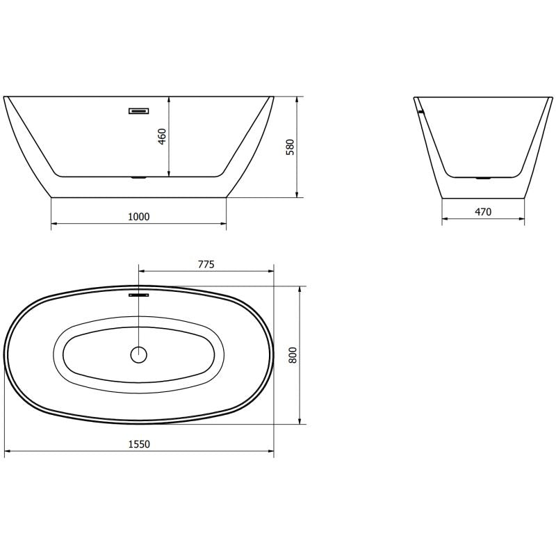 Mexen Eris fritstående badekar 155 x 80 cm hvid/sort med krom overløb, 1 stk.