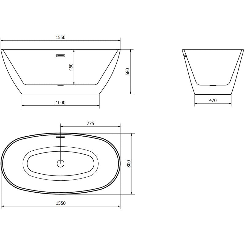 Fritstående badekar Mexen Eris 155 x 80 cm hvid/sort med overløb gun gray børstet 1 stk.