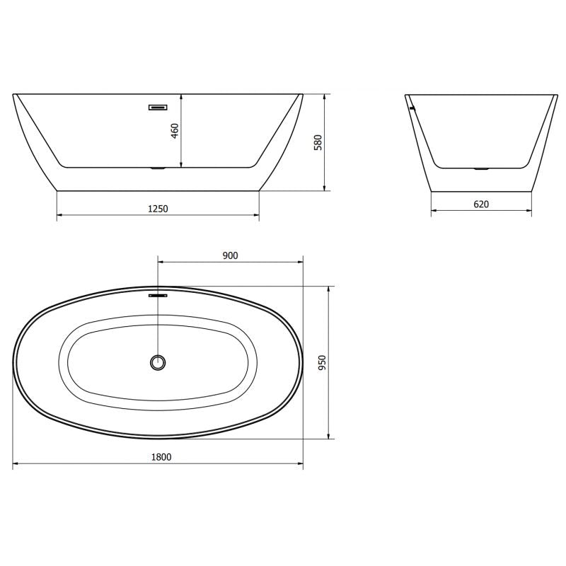 Mexen Eris fritstående badekar 180 x 95 cm hvid/sort med gun gray børstet overløb, 1 stk.