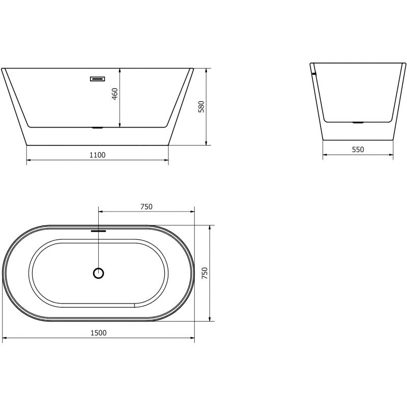 Fritstående badekar Mexen Flavia 150 x 75 cm hvid med gun gray børstet overløb, 1 stk.