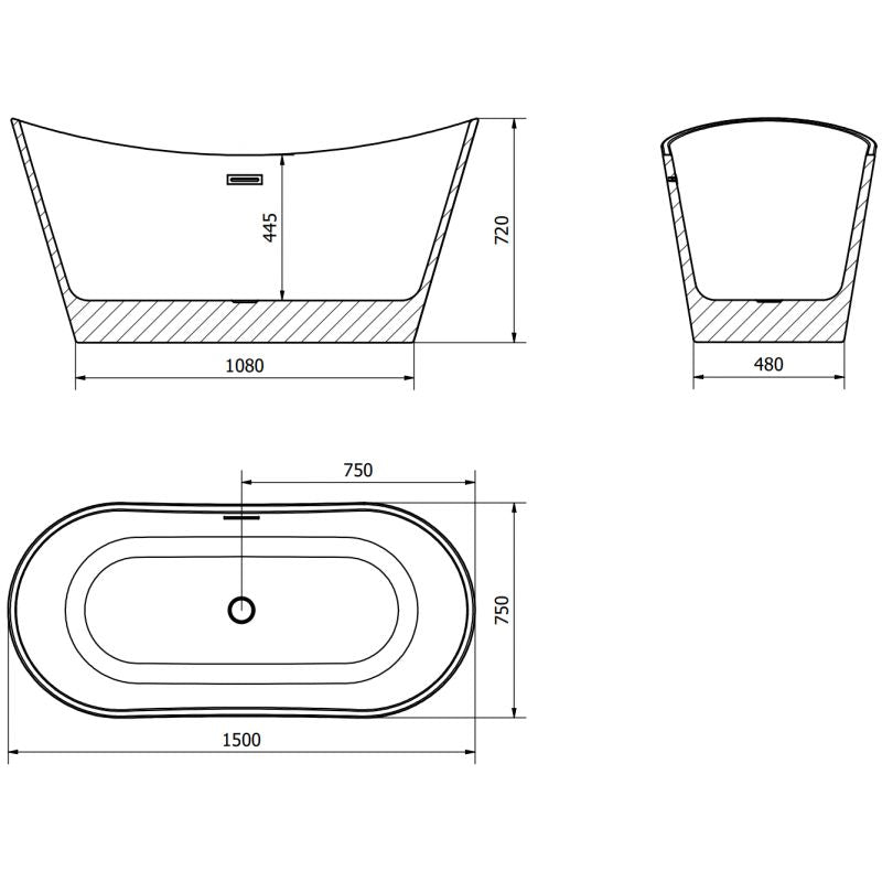 Fritstående badekar Mexen Montana 150 x 75 cm hvid/sort med overløb i rosaguld, 1 stk.