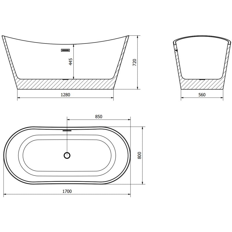 Fritstående badekar Mexen Montana 170 x 80 cm hvid/sort med sort overløb, 1 stk.