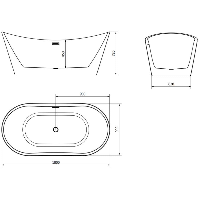 Fritstående badekar Mexen Montana 180 x 90 cm hvid med overløb gun gray børstet 1 stk.