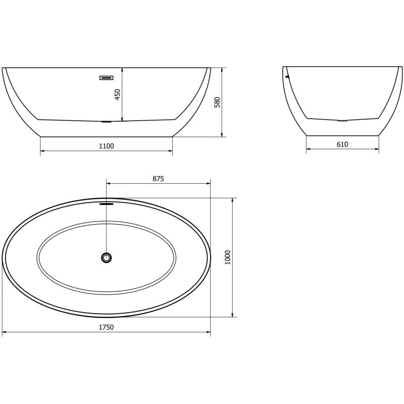 Fritstående badekar Mexen Nike 175 x 100 cm hvid med overløb i gun metal, 1 stk.