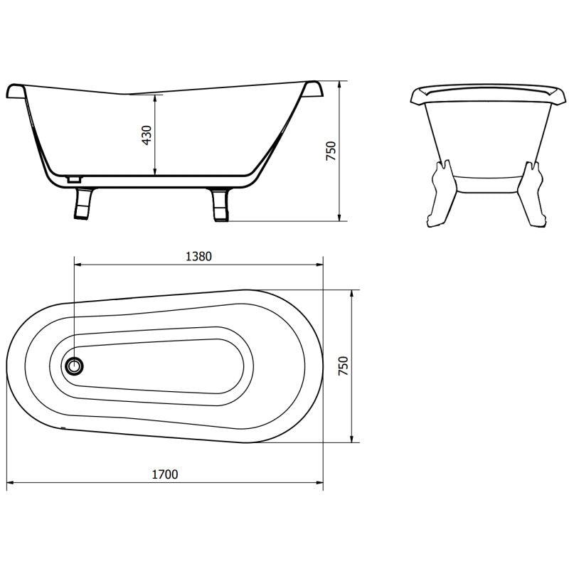 Mexen Retro fritstående badekar 170 x 75 cm hvid med gyldne ben, 1 stk.