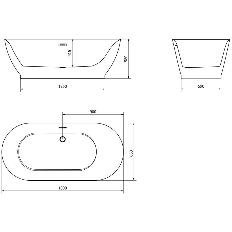 Fritstående badekar Mexen Roxy 180 x 85 cm hvid/sort med overløb gun gray børstet 1 stk.