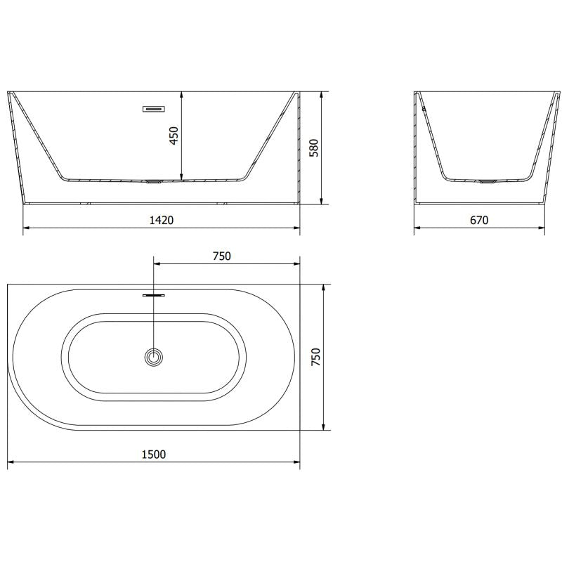 Højre hjørne fritstående badekar Mexen Mia 150 x 75 cm hvid/sort med børstet nikkel overløb, 1 stk.