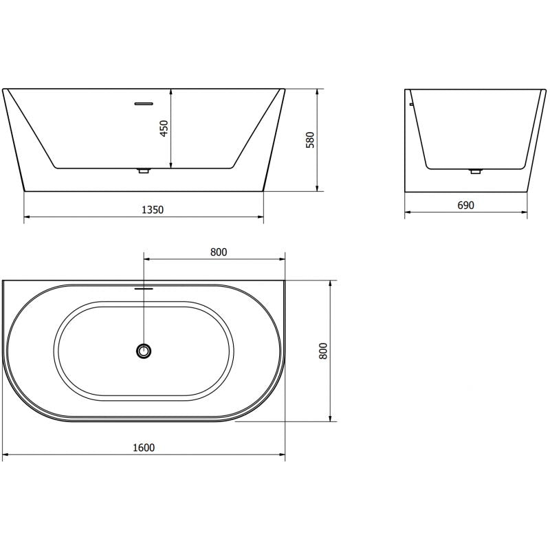 Mexen Oval fritstående vægmonteret badekar 160 x 80 cm hvid/sort med sort overløb, 1 stk.