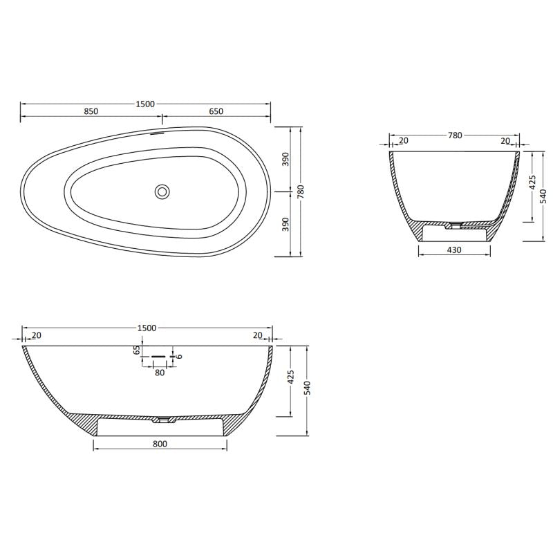 Fritstående badekar i konglomerat Mexen Palermo 150 x 78 cm hvid mat 1 stk.
