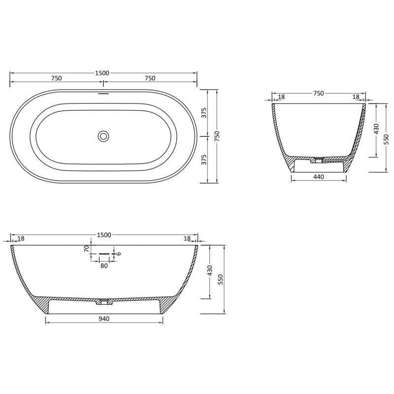 Fritstående badekar i komposit Mexen Rimini 150 x 75 cm mat sort 1 stk.