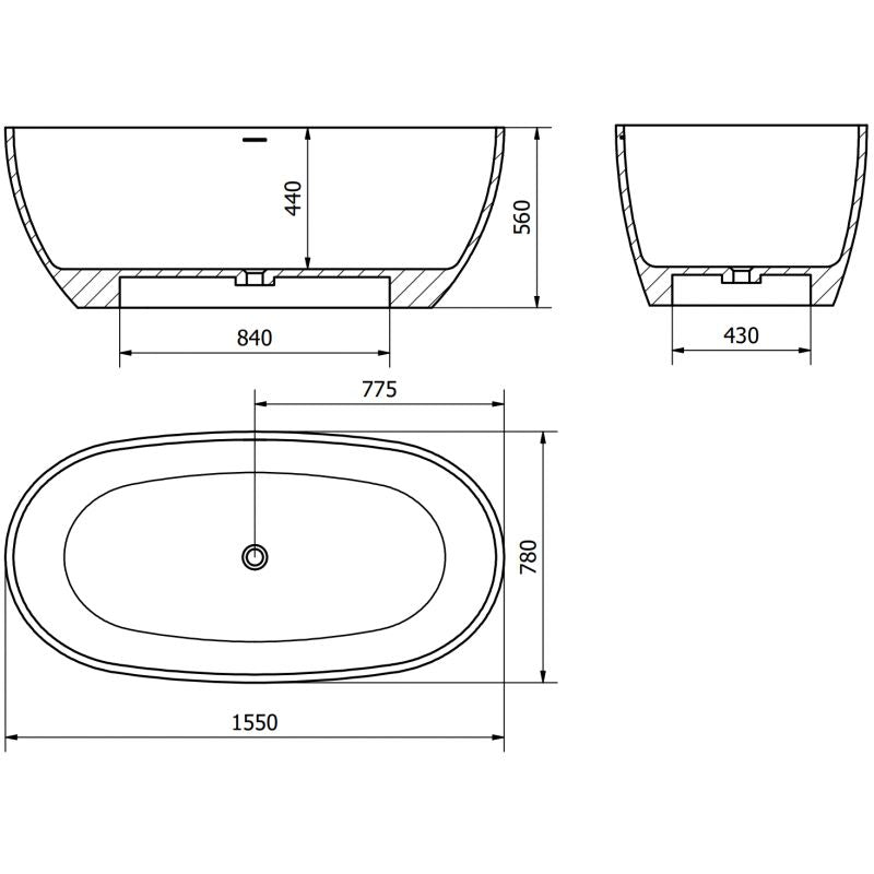 Fritstående badekar i konglomerat Mexen Torino 155 x 78 cm hvid blank 1 stk.