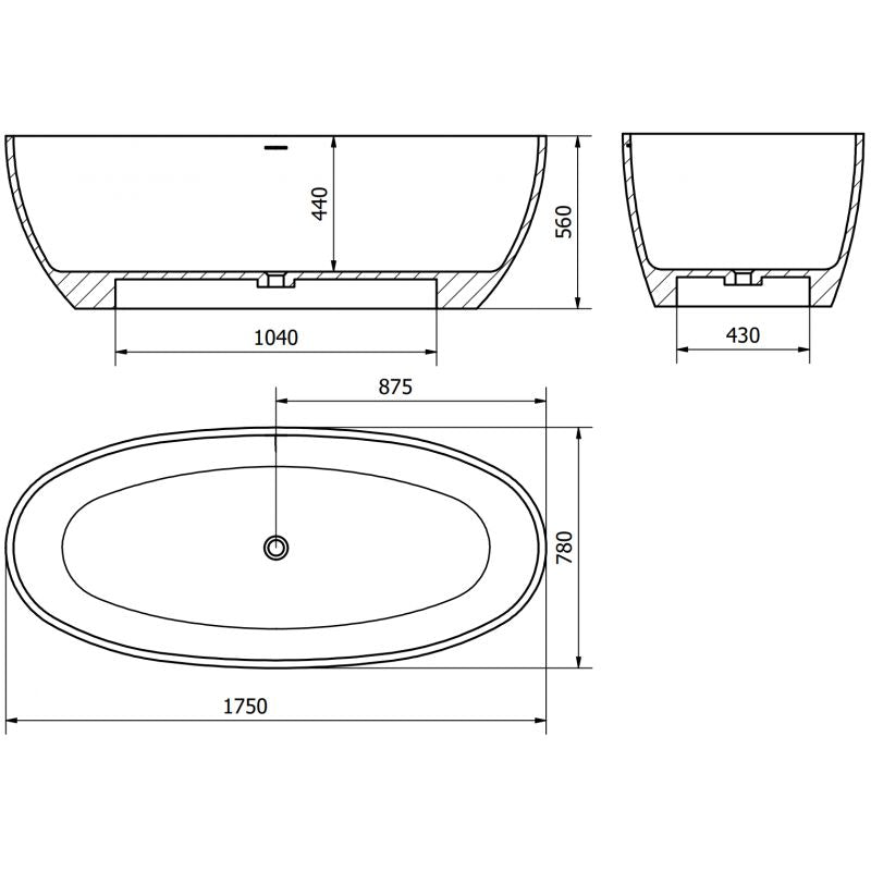 Fritstående badekar i konglomerat Mexen Torino 175 x 78 cm hvid mat 1 stk.
