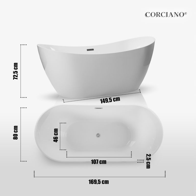 Fritstående badekar Corciano Malta 170 x 80 cm med sølvdetaljer, 1 stk.