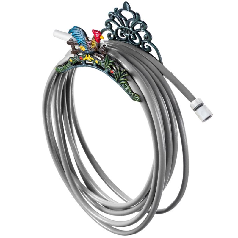 Rustikalt vægophæng til haveslange i støbejern med hanemotiv – robust og dekorativ