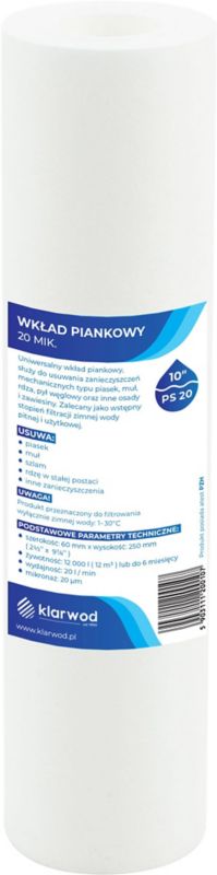 Polypropylenfilter Klarwod til 10" PS filter, 20 mikron