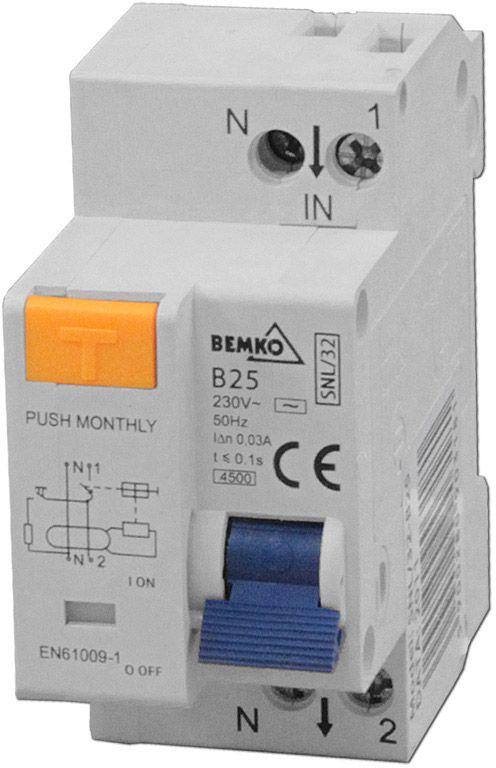 Bemko 2P B 25 A 30 mA AC fejlstrømsafbryder med overstrømsbeskyttelse