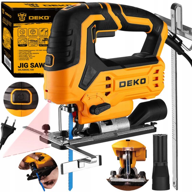 DEKO 800W stiksav med føringsskinne, adapter til støvudsugning og laser – komplet sæt