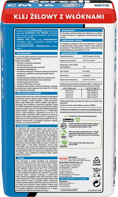 Høj-elastisk gelklæber Ceresit CM 16 med fibre 22,5 kg