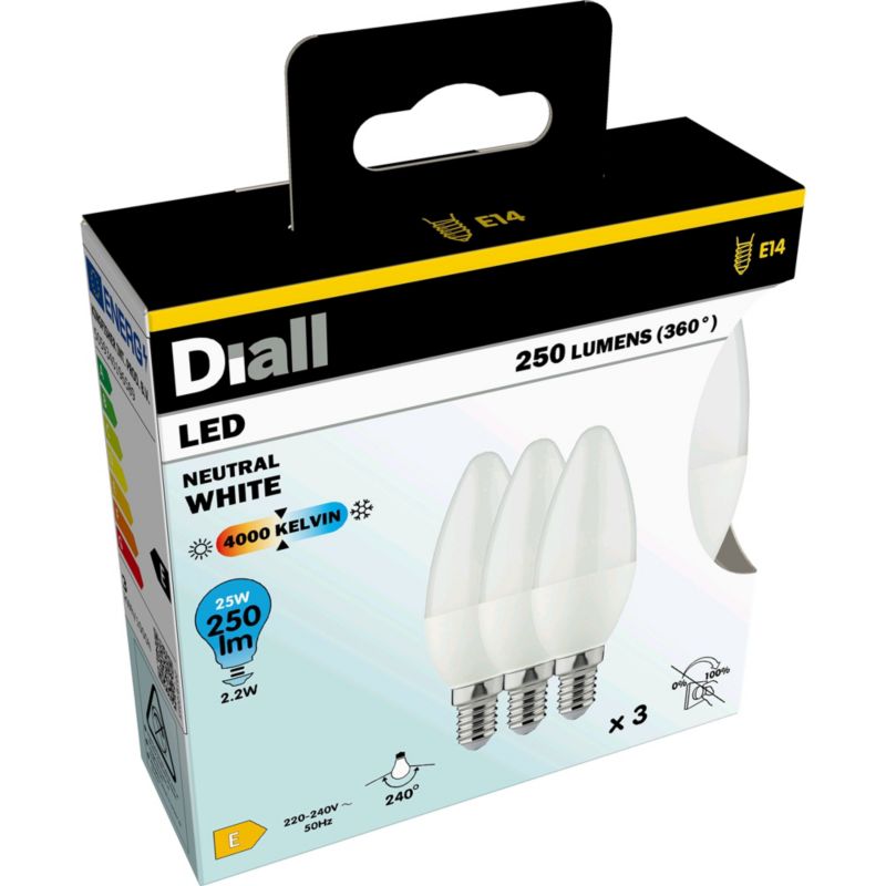 LED-pære Diall C35 E14 250 lm 4000 K 3 stk.