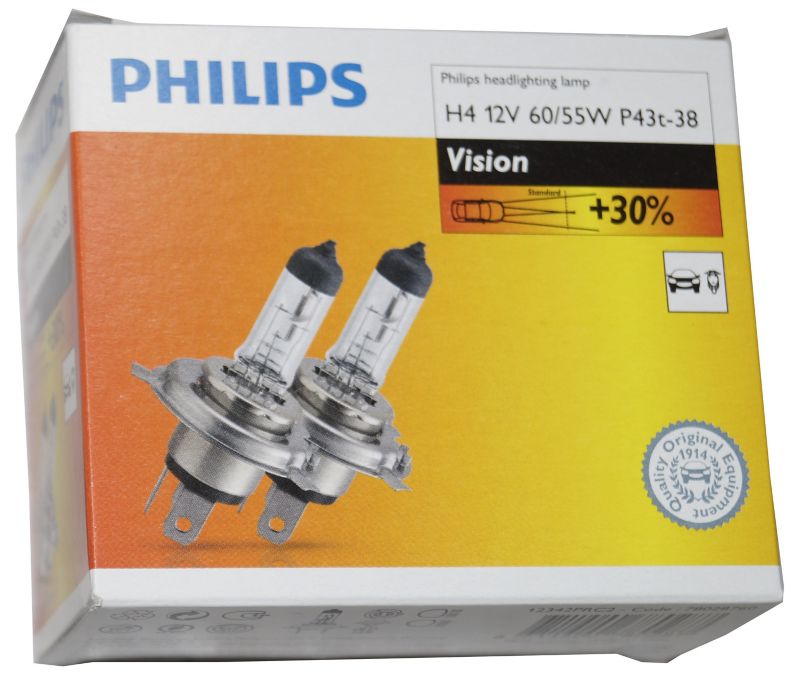 Philips H4 60/55 W P43 Vision C2 bilpære, 2 stk.