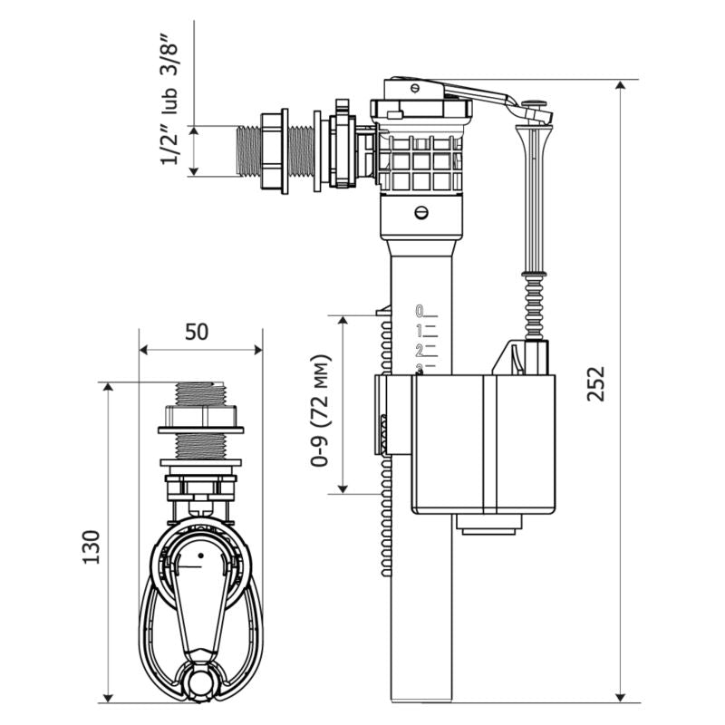Påfyldningsventil til cisterne ZN3 KK-Pol 1/2"-3/8" med sideløbende POM-tilslutning, 1 stk.