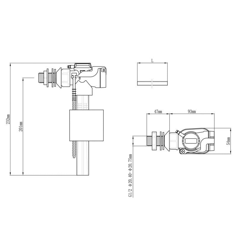 Sideindtagsfyldeventil 1/2" Hvid PP 231,5 mm 5059340756516