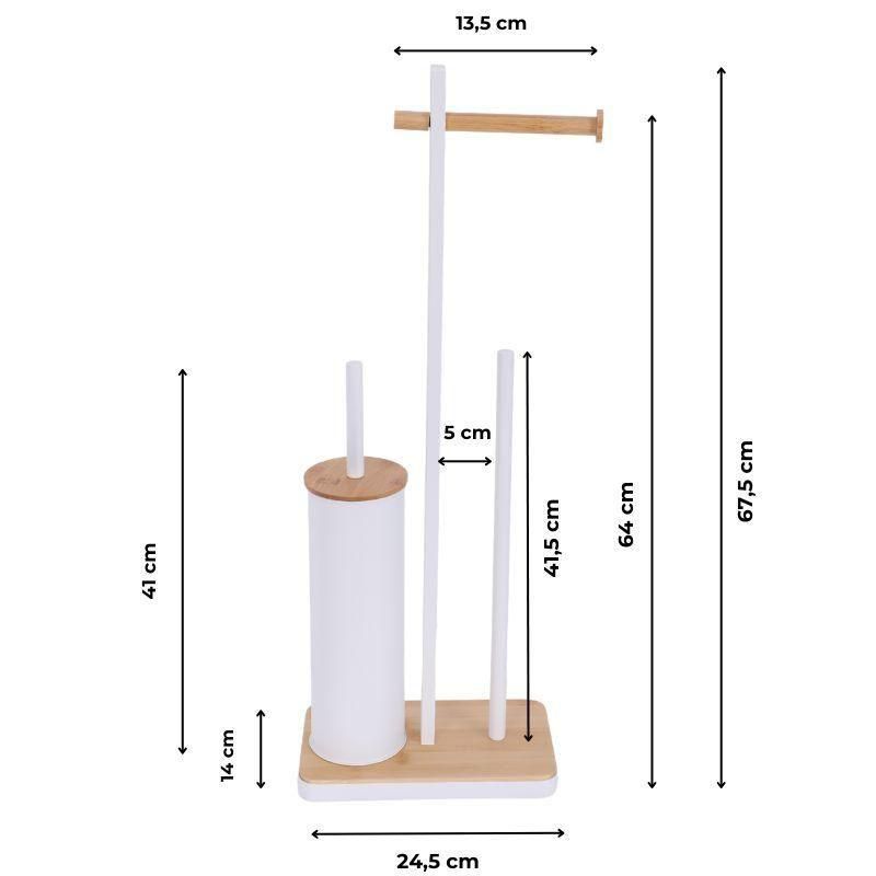 Badeværelsessæt med Stående Toiletrulleholder, Toiletbørste og 3L Pedalspand Hvid/Bambus