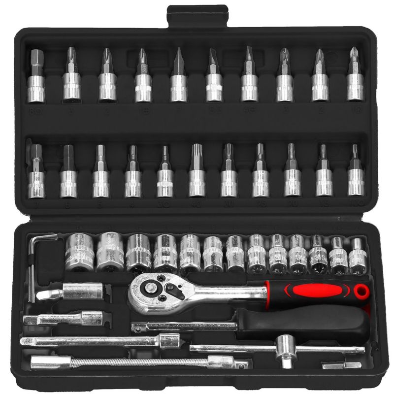 Sæt med nøgler: hylstre og bits i hærdet stål Springos 46 dele i kuffert 1 sæt