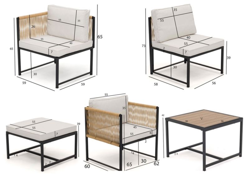 MebleMWM Madera havegruppesæt i teknorattan boho med sort aluminiumsramme og beige puder, 1 sæt