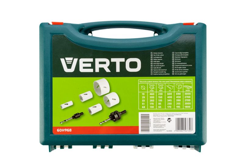 Bimetal-hulsave-sæt VERTO 19 til 68 mm til stål, rustfrit stål, træ, plast og kompositmaterialer, 7 stk.