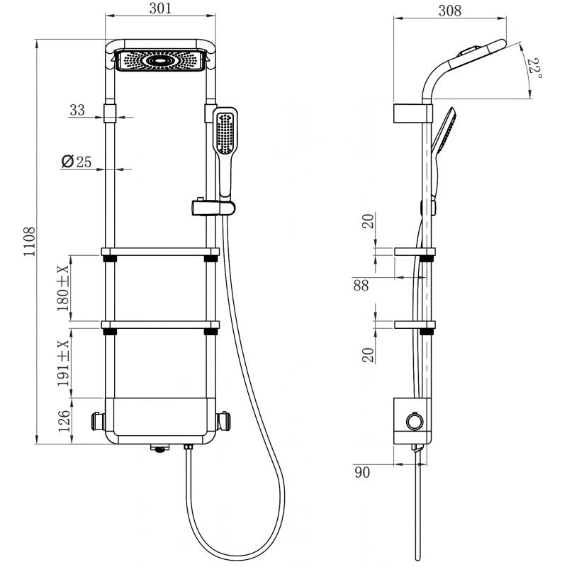 Mexen 1108 mm Dazz hvid overflademonteret brusebatterisæt 1 stk.