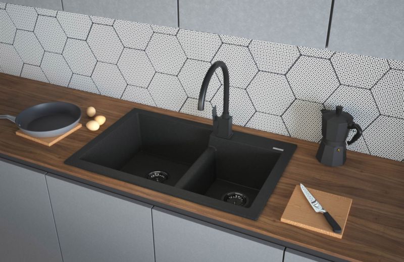 Granitsænke Bianco 2-kammer uden afløbsplade i mat-sort metalik