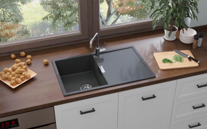 Frame granitvask 1-kammer med afløbsbakke i sort metalik