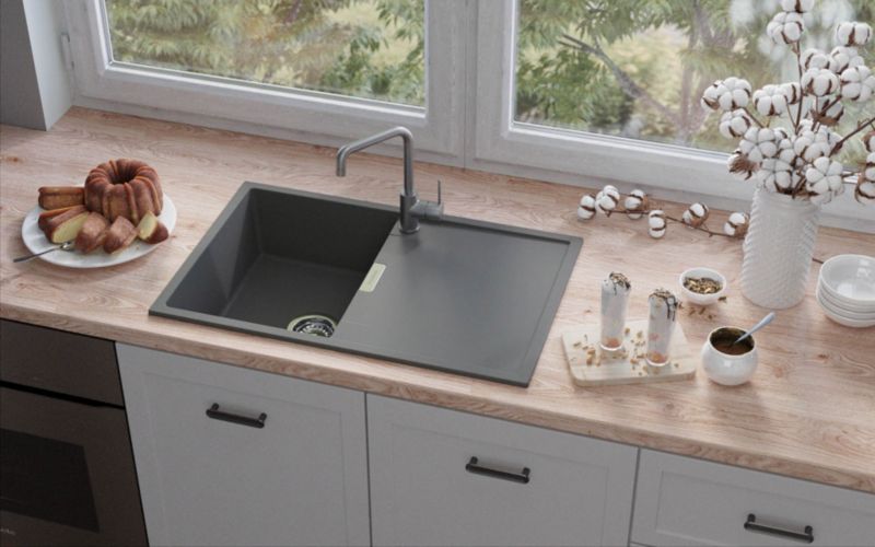 Granitvask Frame 1-kammer med afløbsplade titan