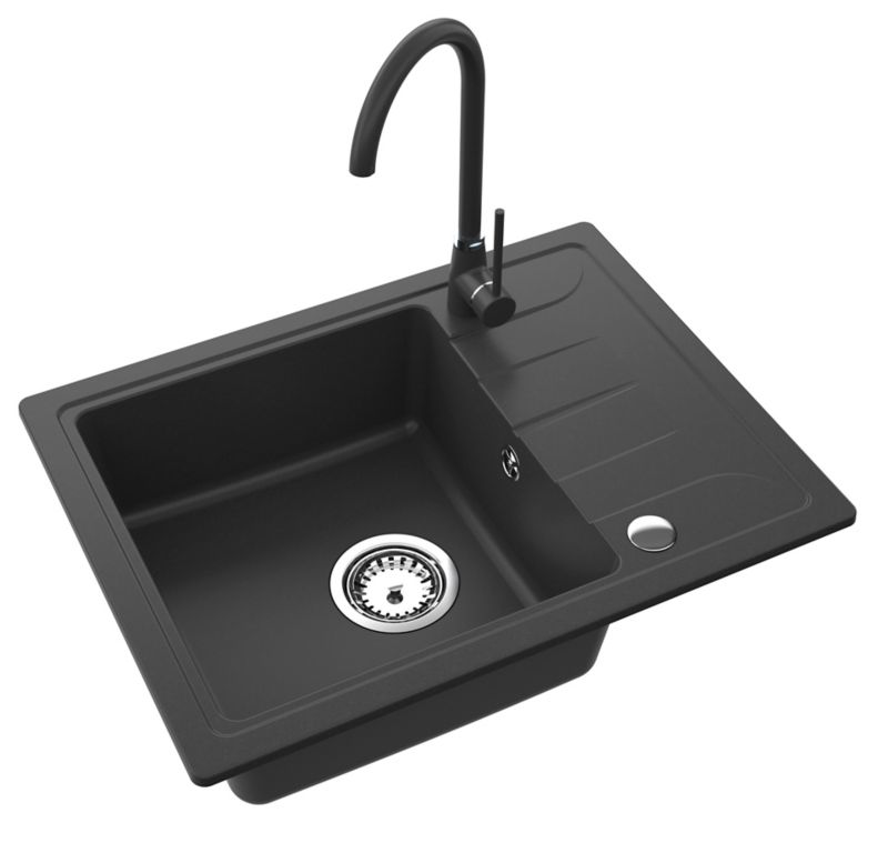Granitvask Gracia 1-kammer med kort afløbsplade og sort armatur